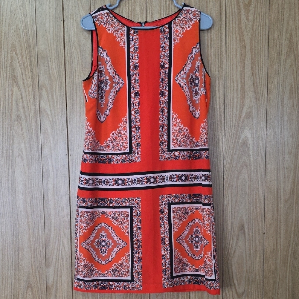 Carmen Marc Valvo Vibrant Orange Geometric Mini Dress